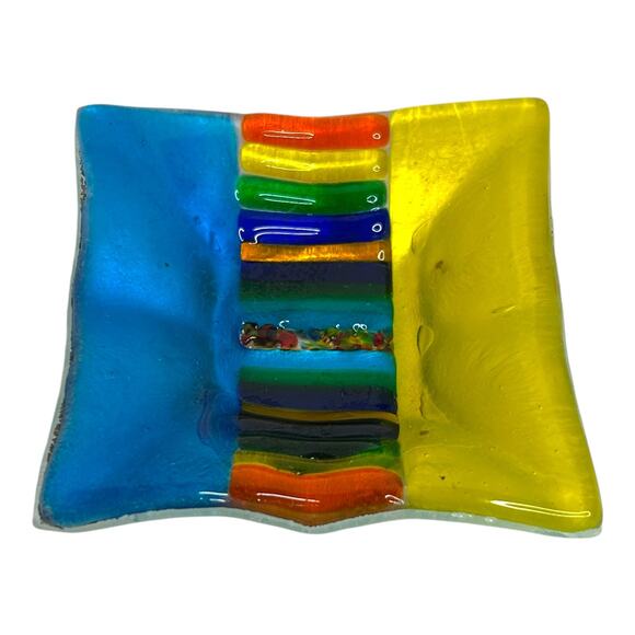 Fused Glass Rainbow Design Colorful Square Trinket Dish Ring Holder Vanity Decor - Picture 2 of 10